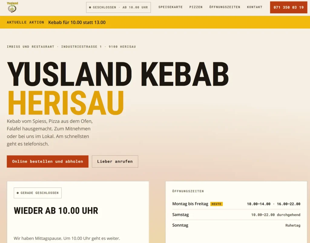 Yusland Kebab Herisau neues Webdesign mit online Bestelsystem zur Abholung
